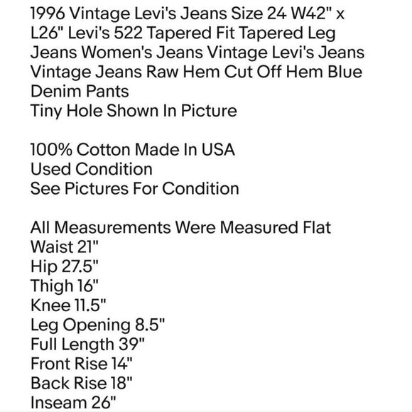 1996 Vintage Levi's Jeans Size 24 W42" x L26" Levi's 522 Tapered Fit Tapered Leg - Picture 2 of 13